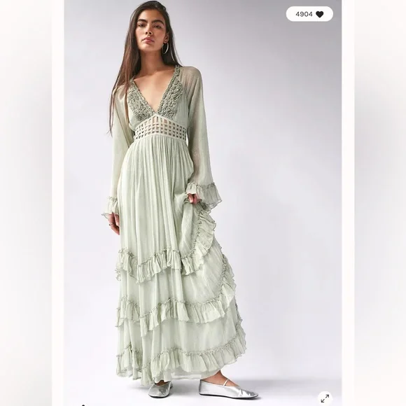 Free People Seraphina Metallic Ruffles Lattice Cutouts Maxi Dress - Picture 3 of 8